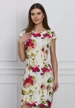 Rochie Mona alba cu imprimeuri florale rosii imagine