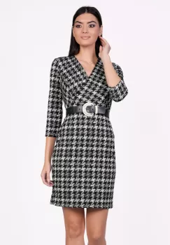 Rochie Mona neagra cu imprimeuri albe si curea in talie imagine