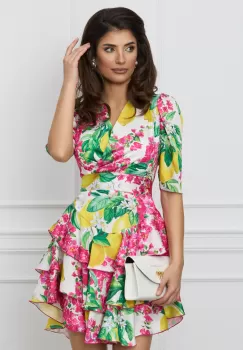 Rochie Moze alba cu imprimeu floral colorat si volane imagine