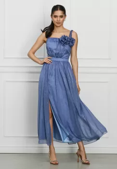 Rochie Moze albastra cu glitter si flori 3D la bust imagine