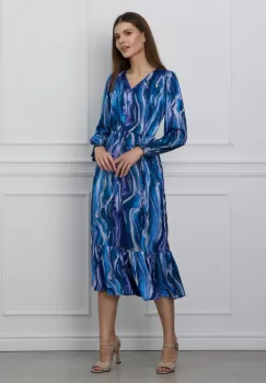 Rochie Moze albastra cu imprimeuri si nasturi decorativi pe bust imagine