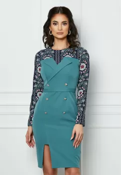 Rochie Moze albastru petrol cu imprimeu la bust si maneci imagine