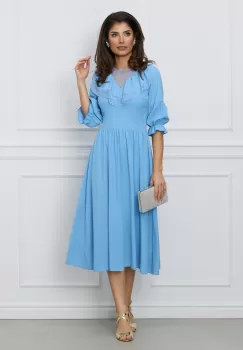 Rochie Moze bleu cu dantela si volane la bust imagine