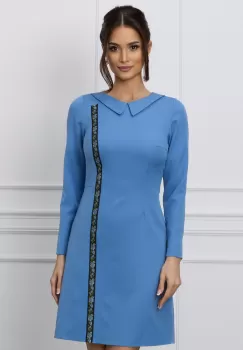 Rochie Moze bleu cu guler si banda florala decorativa imagine