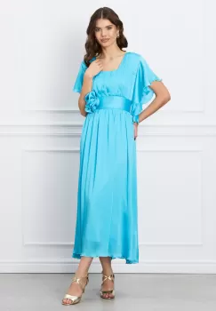 Rochie Moze bleu din satin cu floare in talie imagine