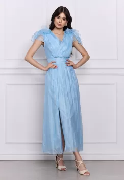 Rochie Moze bleu lunga din organza cu volanase la umeri imagine