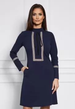 Rochie Moze bleumarin cu guler tunica si motive traditionale imagine
