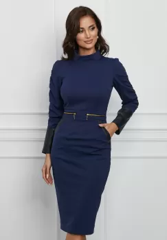 Rochie Moze bleumarin cu insertii din piele ecologica si fermoar pe talie imagine