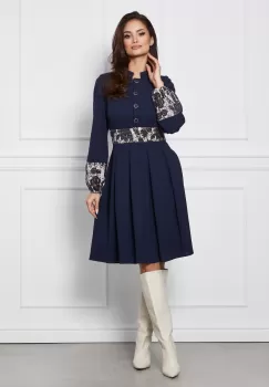 Rochie Moze bleumarin cu nasturi la bust si imprimeu in talie imagine