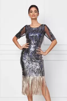Rochie Moze bleumarin cu paiete si franjuri la baza imagine