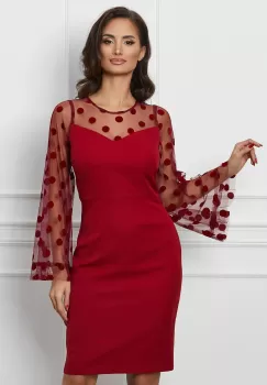 Rochie Moze bordo cu buline catifelate pe maneci imagine