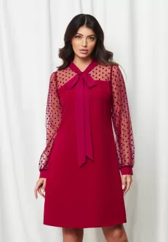 Rochie Moze bordo cu maneci din tull cu buline catifelate imagine