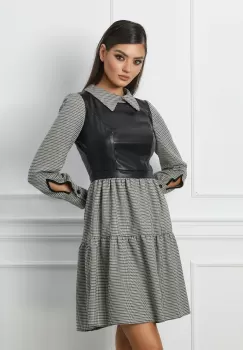 Rochie Moze cu imprimeu pepit gri din piele ecologica imagine