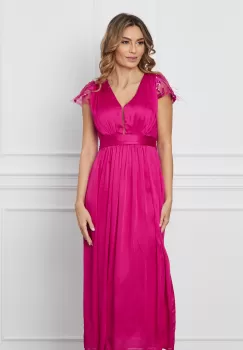 Rochie Moze fuchsia din voal satinat cu paiete la maneci imagine