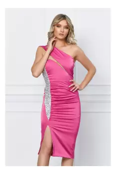 Rochie Moze fucsia cu paiete si crepeu lateral imagine