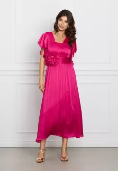 Rochie Moze fucsia din satin cu floare in talie imagine