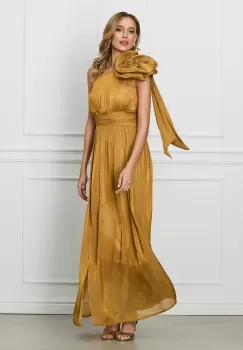 Rochie Moze galben mustar lunga cu floare maxi pe un umar imagine