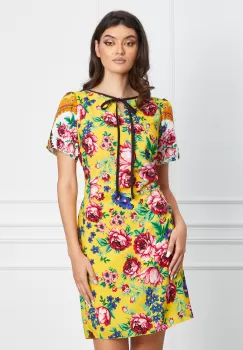 Rochie Moze galbena cu imprimeu floral multicolor si snur la baza gatului imagine