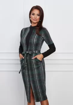 Rochie Moze gri cu carouri verzi si cordon in talie imagine