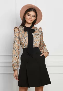 Rochie Moze neagra cu bust bej si imprimeu imagine