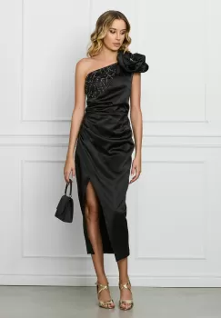 Rochie Moze neagra cu floare maxi si strasuri imagine