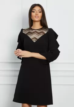Rochie Moze neagra cu glitter la bust si volane pe maneci imagine