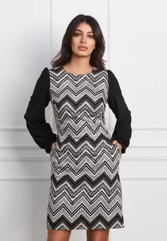 Rochie Moze neagra cu imprimeu in zigzag si insertii din lurex argintiu imagine