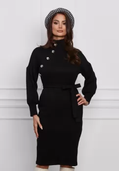 Rochie Moze neagra cu nasturi la bust si cordon in talie imagine