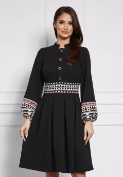 Rochie Moze neagra cu nasturi la bust si imprimeu in talie imagine