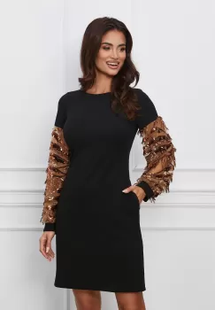 Rochie Moze neagra cu paiete aramii pe maneci imagine