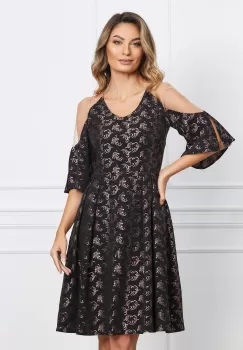 Rochie Moze neagra din brocard cu tull la umeri imagine