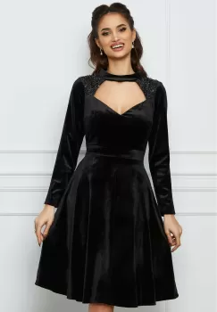 Rochie Moze neagra din catifea cu decupaj la decolteu si paiete imagine