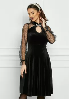 Rochie Moze neagra din catifea cu maneci din tull imagine