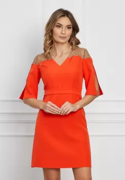 Rochie Moze orange cu tull si buline la bust imagine