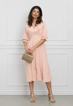 Rochie Moze peach cu dantela si volane la bust imagine