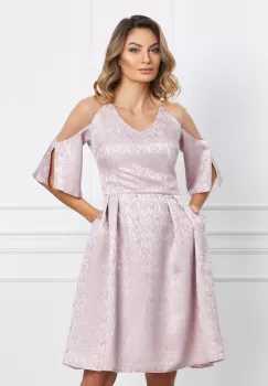 Rochie Moze roz din brocard cu tull la umeri imagine