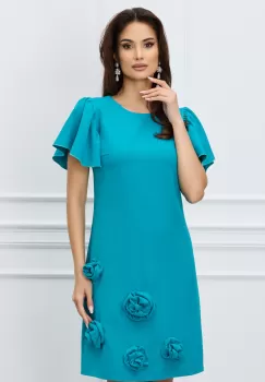 Rochie Moze turcoaz cu flori decorative la baza imagine