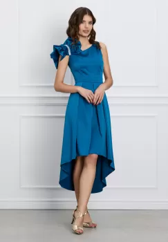 Rochie Moze turcoaz cu lungime asimetrica si volan pe umar imagine