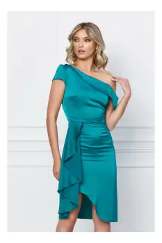 Rochie Moze turcoaz cu un umar gol si volanase pe fusta imagine