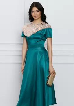 Rochie Moze turcoaz sidef cu flori bej la bust imagine