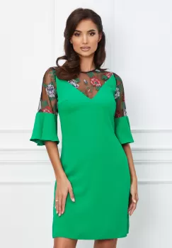 Rochie Moze verde cu broderie florala pe bust si maneci imagine