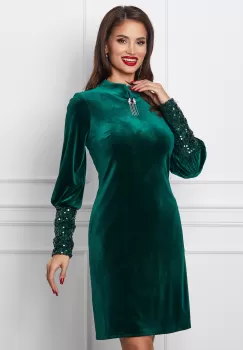 Rochie Moze verde din catifea cu accesoriu la bust imagine