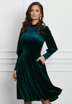 Rochie Moze verde din catifea cu buline din glitter la bust si maneci imagine
