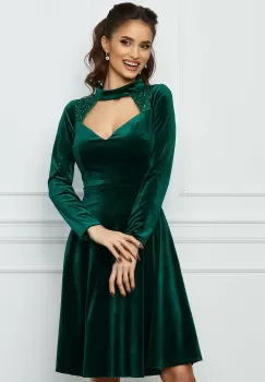 Rochie Moze verde din catifea cu decupaj la decolteu si paiete imagine