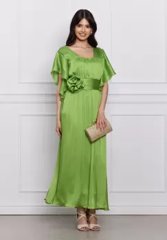Rochie Moze verde din satin cu floare in talie imagine