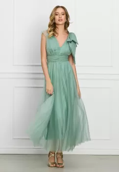 Rochie Moze verde din tull cu funda la umar imagine