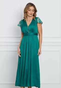 Rochie Moze verde din voal satinat cu paiete la maneci imagine