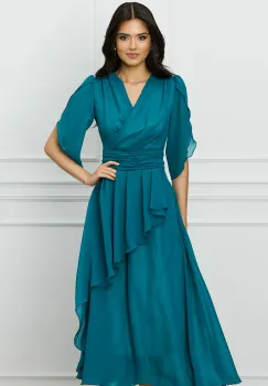 Rochie Moze verde petrol din voal cu volan pe fusta imagine