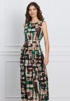 Rochie Nadia maro cu imprimeuri verzi si cordon in talie imagine