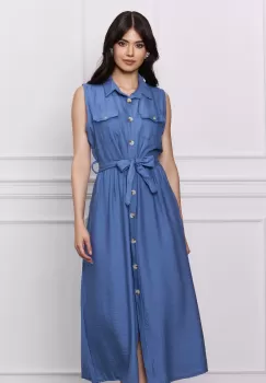 Rochie Nadia tip camasa albastra cu nasturi si cordon in talie imagine